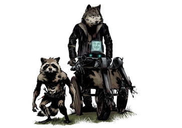 anthro cybernetics cyberpunk dark forest fur group machine male mechanic plant tree reine_rosenberg mutant:_genlab_alpha mutant:_year_zero mutant_(franchise) canid canine canis cyborg mammal procyonid raccoon robot wolf