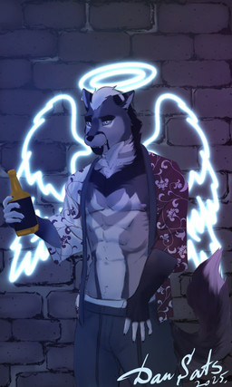 alcohol_bottle anthro asian_clothing bar beverage_bottle bottle clothing container east_asian_clothing inside japanese_clothing male nightclub nude dansats angel 3:5 hi_res
