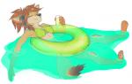 anthro beverage bikini biped clothing eyes_closed feathers female floating food inflatable partially_submerged pool_toy simple_background smile solo swim_ring swimwear two-piece_swimsuit water white_background ailuranthropy kohi_(waruikoohii) canid canine canis coyote mammal 2015