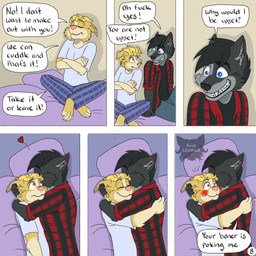 anthro barefoot bed black_hair blonde_hair blue_eyes blush brown_eyes cheek_blush cheek_tuft clothing crossed_arms crossed_legs cuddling dialogue duo embarrassed eye_contact eyes_closed facial_tuft fangs feet flannel_shirt fur furniture grey_body grey_fur hair hand_on_back hand_on_ear hand_on_head heart_symbol hug logo looking_at_another male male/male on_bed page_number pajamas pillow sharp_teeth sitting sitting_on_bed six_frame_image smile smiling_at_another sulking teeth text toothy_grin tuft yellow_body yellow_fur kriek_wildebeest jeremy_(kriek_wildebeest) tom_(kriek_wildebeest) border_collie canid canine canis collie domestic_dog herding_dog husky hybrid mammal nordic_sled_dog pastoral_dog sheepdog spitz wolf 1:1 artist_logo comic english_text hi_res multiple_scenes