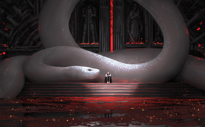 ambiguous_gender clothed clothing detailed_background duo macro reflection scales sculpture sitting size_difference statue temple white_body white_scales guweiz human mammal reptile scalie snake 2021 hi_res