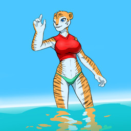 anthro big_breasts bikini bikini_bottom breasts clothing crop_top female midriff navel partially_submerged shirt slim solo standing standing_in_water swimwear thick_arms topwear two-piece_swimsuit water cubikore felid mammal pantherine tiger 1:1 absurd_res character_request hi_res