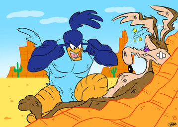 5_fingers angry anthro anthrofied blue_body brown_body brown_fur bruised bruised_eye cactus cartoon_physics cloud day dazed dessert detailed_background duo fingers food fur humor long_muzzle lying lying_on_ground male multicolored_body multicolored_fur muscular muscular_male nude on_back on_ground open_mouth outdoor_nudity outside plant rock sky star toony two_tone_body two_tone_fur danthedoodle image_comics invincible_(image_comics) looney_tunes think_mark_think! warner_brothers road_runner_(looney_tunes) wile_e._coyote avian bird canid canine canis coyote cuculiform mammal new_world_ground_cuckoo roadrunner 2021 meme signature