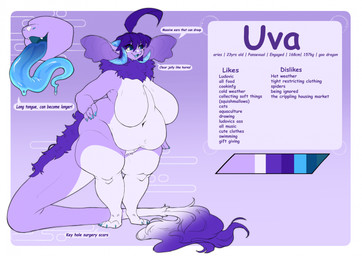 anthro belly big_breasts biped blue_eyes blue_goo blue_horn blue_pawpads blue_tongue bodily_fluids breasts claws color_swatch digitigrade dipstick_tail featureless_breasts female female_anthro fur hair horn long_tail long_tongue mane markings navel nude nude_anthro nude_female overweight overweight_anthro overweight_female pawpads prehensile_tongue pubes purple_body purple_hair purple_mane sagging_breasts saliva solo standing stated_age stated_height stated_sexuality stated_weight tail tail_markings text thick_thighs toe_claws tongue white_pubes oniifronts mythology uva_(oniifronts) dragon furred_dragon furred_scalie mythological_creature mythological_scalie scalie character_name english_text hi_res model_sheet