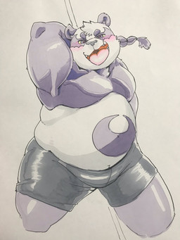 anthro belly blush bottomwear clothing fur male moobs overweight overweight_anthro overweight_male pole purple_body purple_fur shorts solo white_body white_fur exe_exem lifewonders tokyo_afterschool_summoners alp_(tas) bear giant_panda mammal 2019 3:4 digital_media_(artwork) hi_res
