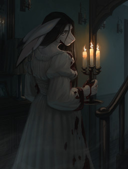 anthro biped black_hair blood bodily_fluids candle candlelight clothed clothed_anthro clothed_female clothing female fingers fur hair holding_object inside light looking_at_viewer looking_back rear_view solo standing white_body white_fur o.z.y. lagomorph leporid mammal rabbit 2026 digital_drawing_(artwork) digital_media_(artwork) hi_res