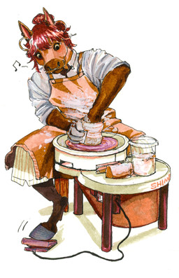 ambiguous_gender anthro appliance apron biped bottomwear cable clay clothing container ear_piercing ear_ring hair holding_object holding_tool hooves jar messy musical_note musical_symbol pants pattern_bottomwear pattern_clothing pattern_pants piercing pottery pottery_wheel red_hair ring_piercing simple_background solo striped_bottomwear striped_clothing striped_pants stripes symbol tools white_background poodlewool willow_(glopossum) equid equine horse mammal hi_res traditional_media_(artwork) trans_(lore) trans_woman_(lore)