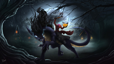 ambiguous_gender anthro axe black_hair blue_eyes clothing dress duo feral fog food fruit hair holidays magic melee_weapon moon plant pumpkin riding saddle tail tree village weapon feretta european_mythology halloween irish_mythology mythology fenavi_montaro vixavil_hayden canid canine dragon dullahan fox mammal mythological_creature mythological_scalie scalie 16:9 digital_media_(artwork) hi_res shaded widescreen