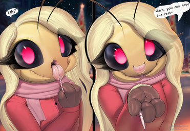 3_fingers antennae_(anatomy) anthro black_sclera blonde_hair bodily_fluids candy candy_cane clothed clothed_anthro clothed_female clothing dessert dialogue eyelashes female female_anthro fingers food fully_clothed fully_clothed_female hair licking licking_candy_cane long_eyelashes looking_at_viewer mandibles outside red_eyes saliva saliva_string scarf smile solo speech_bubble talking_to_viewer text tongue tongue_out thousandfoldfeathers blossom_(thousandfoldfeathers) arthropod bee hymenopteran insect english_text hi_res url