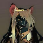 anthro black_body black_fur brown_body brown_fur female fur hair simple_background smile solo tan_hair yellow_eyes momobeda shiretsuna_(character) african_wild_dog canid canine mammal 2019 hi_res