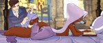 anthro barefoot bed bloomers book bottomwear clothed clothing duo featureless_chest feet female fur furniture inside lying male on_front orange_body pants pawpads paws reading reading_book simple_background smile soles tail toes topless topless_anthro topless_female veil sir_paulus disney robin_hood_(disney) maid_marian pavel_(sir_paulus) canid canine fox human mammal red_fox true_fox digital_media_(artwork) hi_res