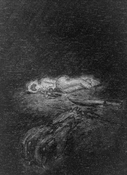 agony ambiguous_gender amputated amputation anthro blood blood_on_ground bodily_fluids digitigrade fangs feet fluffy fur gore lying lying_on_ground machete melee_weapon missing_arm nude on_ground on_side open_mouth pain screaming severed_arm severed_body_part severed_limb simple_background solo tail teeth toes weapon white_body tangerinefox casualties:_unknown aquatic gunsawian hybrid milky_(gunsawian) 2026 absurd_res chalk_(artwork) charcoal_(artwork) graphite_(artwork) greyscale hi_res monochrome traditional_media_(artwork)