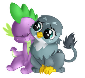 beak blush chibi cuddling daww duo eyes_closed female feral fur grey_body grey_fur male male/female purple_body semi-anthro simple_background tail tail_tuft teal_eyes tijopi tuft white_background young jbond friendship_is_magic hasbro my_little_pony mythology gabby_(mlp) spike_(mlp) avian dragon gryphon mythological_avian mythological_creature mythological_scalie scalie colored