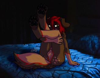 anthro anus ball_tuft balls bed bent_legs black_pawpads blush brown_body covering covering_crotch covering_face covering_penis embarrassed erection eye_bags eyewear floppy_ears fur furniture genitals glasses glowing glowing_eyes gynomorph hair holding_both_legs intersex legs_up on_bed pawpads paws penis red_hair round_glasses shy solo tail text tuft wearing_glasses yellow_eyes vampuppy dani_(vampuppy) canid canine canis domestic_dog mammal vampire absurd_res digital_media_(artwork) hi_res signature trans_(lore) trans_woman_(lore)