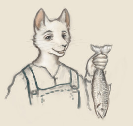 anthro eyebrows feral fisherman holding_fish looking_at_viewer male open_mouth smile smiling_at_viewer solo teeth teeth_showing tongue reynard_goodfellow aquatic domestic_cat felid feline felis fish mammal