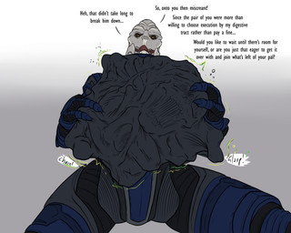 abdominal_bulge anthro belly belly_rub bone bone_bulge bone_imprints bulge churn churning detailed_bulge digestion digestion_implied face_imprint fatal fatal_vore first_person_view glorp hand_on_belly imminent_digestion imminent_vore implied_fatal imprint larger_pred looking_at_viewer looming looming_over male male_pred male_prey muffled offering_to_viewer oral_vore perspective perspective_shot predator/prey prey_imprint prey_outline rumbling_stomach size_difference skeleton skull skull_bulge skull_imprint soft_vore solo squirming stretchy_belly struggling struggling_prey talking_to_viewer text tight_belly vore conditional_dnp samagthrav2 bioware electronic_arts mass_effect alien human mammal turian 5:4 absurd_res english_text hi_res