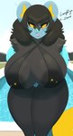 anthro areola big_breasts black_areola black_body black_hair breasts clothing day female hair huge_breasts looking_at_viewer pokemorph solo swimming_pool swimwear thick_thighs dullyarts nintendo pokemon luz_carvalho_(jenkinsc37) generation_4_pokemon luxray pokemon_(species) absurd_res hi_res