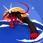 4_toes action_pose all_fours anthro blonde_hair blue_background claws feet female hair looking_at_viewer pose red_body simple_background solo tail toes freebird11 species_request vial_(species) 2022 absurd_res hi_res