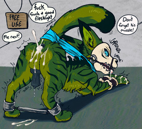 after_anal anal animal_genitalia anus ass_up balls black_anus black_knot black_penis blue_eyes bodily_fluids bone bone_mask bound butt cum cum_from_ass cum_in_ass cum_inside erection feral fur genital_fluids genitals green_body green_fur knot male mask penis perineum presenting presenting_anus presenting_hindquarters profanity raised_tail scarf sheath skull skull_mask solo tail text prince-vulpine felid feline mammal skullcat_(species) english_text hi_res