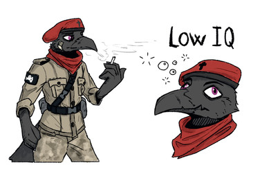 anthro beak beret black_body black_feathers cigarette cigarette_smoke clothing feathers hat headgear headwear holding_cigarette holding_object male military military_clothing military_hat military_jacket military_pants scarf smoke smoking smoking_cigarette soldier solo tail tail_feathers text warrior wearing_hat mawkvlt izaan_raysmith_(mawkvlt) avian bird corvid corvus_(genus) crow oscine passerine hi_res