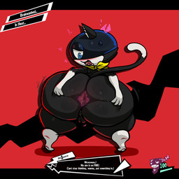 abstract_background anthro anus backsack balls black_body black_fur bodily_fluids brainwashing butt dialogue_box drooling fur gameplay_mechanics genitals gui health_bar in_heat kerchief looking_back male markings mask mind_control open_mouth penis presenting presenting_hindquarters rear_view saliva scarf shocked shortstack shortstack_male small_penis solo spread_anus spread_butt spreading standing status_effect tail tail_markings text warmth wearing_mask white_body white_fur monana-yo1 atlus megami_tensei persona_(series) persona_5 sega morgana_(persona) domestic_cat felid feline felis mammal tuxedo_cat 1:1 absurd_res english_text hi_res