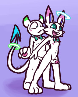 2_horns anthro anthro_on_anthro big_penis blue_body blush buckteeth cute_fangs dipstick_tail duo erection fangs female flat_chested foreskin frown genitals glans green_eyes green_horn green_kerchief green_sclera hip_grab horn humanoid_genitalia humanoid_penis interspecies kerchief kerchief_only male male/female markings nipples open_mouth partially_retracted_foreskin pawpads penis pink_glans pink_kerchief pink_nipples pink_pawpads pupils sex smile spade_tail tail tail_markings teeth thigh_sex white_body white_horn white_kerchief white_penis white_pupils ultilix panazel_maria zelarpi demon lagomorph leporid mammal rabbit