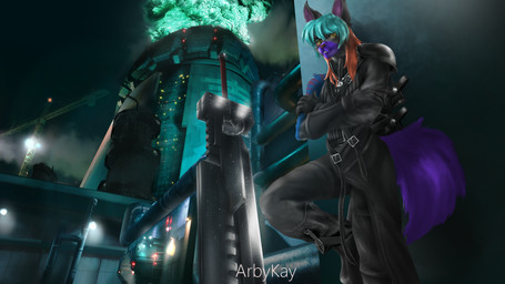 cosplay eyewear glasses melee_weapon sword weapon arbykay final_fantasy final_fantasy_vii square_enix canid canine mammal 3d_(artwork) absurd_res digital_media_(artwork) hi_res