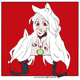 ball black_clothing black_topwear breasts clothed clothing cute_fangs eyelashes fangs female fully_clothed group hair half-closed_eyes inner_ear_fluff light_body light_skin long_hair looking_at_another medium_breasts monotone_hair mouth_hold narrowed_eyes nose_to_nose object_in_mouth open_mouth red_background red_clothing red_eyes red_topwear simple_background teeth tennis_ball tennis_ball_in_mouth topwear tuft white_hair r_adical helltaker cerberus_(helltaker) animal_humanoid canid canid_humanoid canine canine_humanoid humanoid mammal mammal_humanoid wolf_humanoid bust_portrait portrait red_theme