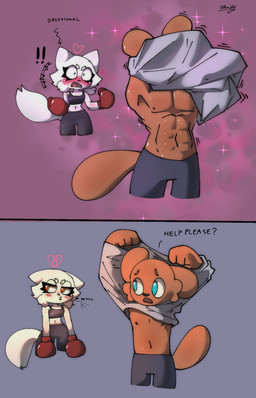 abs anthro blush blush_lines boxing_gloves bra clothing disappointed duo exclamation_point female food fruit handwear heart_symbol male male/female midriff oblivious pecs plant raspberry sparkles sports_bra sportswear surprised taking_off_shirt underwear xwx felid feline mammal hi_res