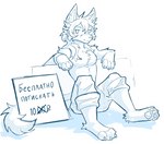 anthro blue_and_white bottomwear canid canine chest_tuft claws clothing feet fluffy fluffy_hair fluffy_tail foot_tuft fox hair hi_res inner_ear_fluff long_hair male mammal monochrome nails pants pawpads paws ramiil scar sign simple_background smile smirk solo tail text tuft white_background