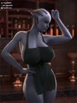 apron apron_only bar big_breasts blue_body blue_skin breasts clothing collarbone eyebrows eyes_closed female freckles hand_on_hip huge_breasts not_furry solo plague_of_humanity_(artist) bioware electronic_arts mass_effect liara_t'soni alien alien_humanoid asari humanoid 2024 3:4 3d_(artwork) digital_media_(artwork) hi_res