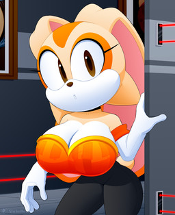 anthro armor armwear big_breasts black_clothing black_skinsuit breastplate breasts brown_eyes cleavage clothed clothed_anthro clothed_female clothing collarbone countershading ears_back elbow_gloves eyelashes female female_anthro fur glistening glistening_eyes gloves handwear loli long_ears looking_at_viewer oppai_loli pink_inner_ear pivoted_ears pupils skinsuit solo subscribestar_logo tan_body tan_fur tight_clothing white_body white_countershading white_fur young young_anthro young_female slickehedge sega sonic_the_hedgehog_(series) subscribestar cream_the_rabbit lagomorph leporid mammal rabbit 2025 absurd_res digital_media_(artwork) hi_res