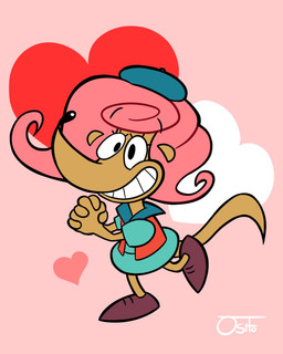 bottomwear clothing female hair hands_together hat headgear headwear heart_symbol pink_hair simple_background skirt smile solo ositodraws camp_lazlo cartoon_network patsy_smiles herpestid mammal mongoose hi_res signature