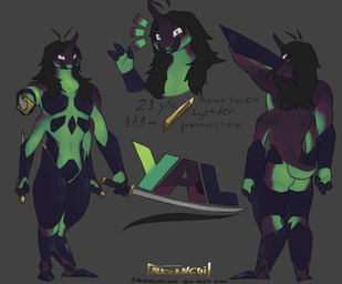 1_toe 3_fingers 4_arms ambiguous_gender antennae_(anatomy) anthro biped butt claws digitigrade exoskeleton fingers freckles gesture green_body grey_background hair hand_gesture long_hair looking_back mandibles markings melee_weapon multi_arm multi_limb multicolored_body nude pointing pointing_at_viewer purple_body simple_background smile solo spots spotted_body stated_age stated_gender stated_height stated_pronouns sword waving weapon wolli_mazangui arthropod beetle insect rhinoceros_beetle scarabaeid absurd_res hi_res model_sheet