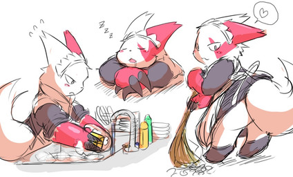 ambiguous_gender apron blush bodily_fluids broom cleaning cleaning_tool clothed clothing dish drooling eyes_closed fur heart_symbol looking_back maid_uniform multiple_poses open_mouth plate pose red_body red_fur saliva simple_background sink sleeping soap solo sponge standing uniform water white_background white_body white_fur kokkoman nintendo pokemon generation_3_pokemon mammal pokemon_(species) zangoose digital_media_(artwork)