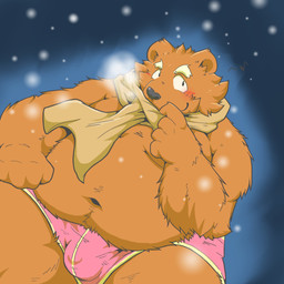 anthro belly blush brown_body brown_fur bulge clothing fur humanoid_hands kemono male navel overweight overweight_anthro overweight_male scarf snow solo underwear suishou0602 bear mammal 1:1 2015 hi_res