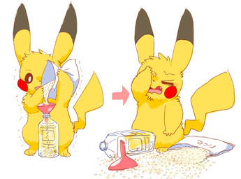 anthro bottle brown_eyes container directional_arrow eyes_closed facepalm fail fangs food funnel fur male open_mouth paws rice semi-anthro simple_background solo tail teeth text tongue yellow_body yellow_fur unko_koedame nintendo pokemon generation_1_pokemon pikachu pokemon_(species) 2025 english_text japanese_description