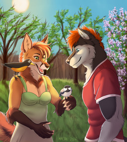anthro black_body black_fur black_nose breasts brown_hair clothed clothed_anthro clothed_male clothing day dress duo female feral fur grey_body grey_fur hair male male/female orange_body orange_fur outside red_hair shirt smile tan_body tan_fur topwear marjani mocha_(mochalattefox) storm_(stormwx_wolf) avian bird canid canine canis chickadee fox mammal oscine passerine tit_(bird) wolf hi_res