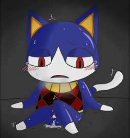 blush bodily_fluids bottomless clothed clothing crossgender cum female genital_fluids genitals mtf_crossgender red_eyes solo sweat vulva enigi09 animal_crossing nintendo rover_(animal_crossing) domestic_cat felid feline felis mammal 2015