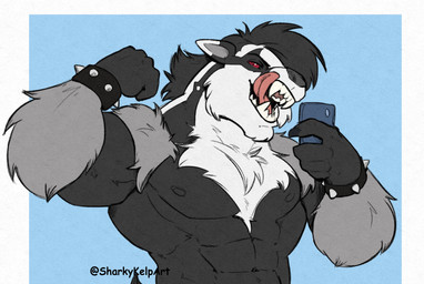 abs anthro biceps black_body black_fur black_nipples black_nose claws fur humanoid_hands licking licking_lips male muscular muscular_anthro muscular_male nipples pecs red_eyes solo tongue tongue_out sharkykelp nintendo pokemon generation_8_pokemon obstagoon pokemon_(species) 2026 colored hi_res signature