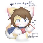 anthro blue_eyes blue_scarf blush brown_hair brush container cup daww dual_holding eating food_in_mouth fur good_morning good_wishes greeting hair heart_symbol holding_brush holding_container holding_cup holding_mug holding_object holding_toothbrush looking_at_viewer male mug pink_inner_ear scarf simple_background solo text toothbrush white_background white_body white_fur yellow_body yellow_fur tringa tringa_(character) domestic_cat felid feline felis mammal 1:1 chinese_text english_text hi_res japanese_text korean_text