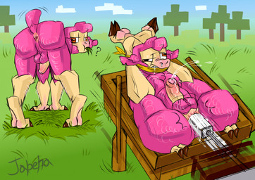 all_fours anal anal_penetration anthro anus bent_over big_butt bodily_fluids bound butt cleave_gag cross-eyed cum cum_while_penetrated drooling eating_grass flexible folded fucking_machine fur gag genital_fluids genitals hands_behind_back hooves legs_behind_head legs_up looking_pleasured lying machine male nude on_back outside penetration penis pink_anus pink_body pink_fur question_mark restraints saliva sex sex_toy sketchy solo spread_legs spreading tan_body tan_skin viennese_oyster_position wool_(fur) jabeha microsoft minecraft minecraft_sheep_fucker mojang xbox_game_studios bovid caprine mammal sheep sheep_(minecraft) 2025 hi_res signature