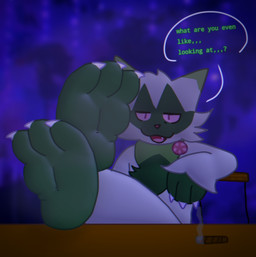 3_toes anthro blue_lighting blunt claws crossed_legs cute_fangs dialogue drugs fangs feet foot_fetish foot_focus foot_on_table furniture green_body half-closed_eyes humanoid_feet male marijuana narrowed_eyes open_mouth photo_background plantigrade red_sclera smoke soles solo speech_bubble substance_intoxication table teeth text toes idontknowtobehonest nintendo pokemon felid feline floragato generation_9_pokemon mammal pokemon_(species) english_text hi_res mixed_media photography_(artwork)