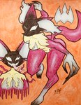 animal_ears anthro breasts butt claws digitigrade female long_claws red_body shadow_face solo yellow_body el_chado nintendo pokemon canid canine delphox generation_6_pokemon mammal pokemon_(species) symbiote hi_res traditional_media_(artwork)