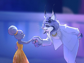 anthro balcony clothing detailed_background dress duo ears_as_hair eye_contact female female/female fur grey_body grey_fur grey_hair hair hair_bun_ears hand_holding jewelry looking_at_another necklace short_hair size_difference smile standing suit tied_ears white_clothing white_suit yellow_clothing yellow_dress golden_station disney zootopia judy_hopps kitty_lynxley canada_lynx european_rabbit felid feline lagomorph leporid lynx mammal oryctolagus rabbit 4:3 hi_res