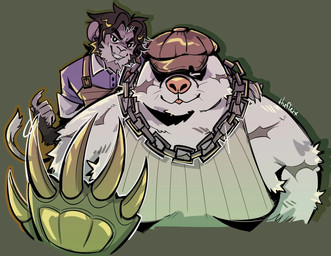 anthro belly blep chain_necklace claws clothing duo gloves handwear hat headgear headwear jewelry male moobs necklace overweight scar shirt smile smirk tank_top tongue tongue_out topwear thefleix deadlock_(game) valve krill_(deadlock) mo_(deadlock) eulipotyphlan haplorhine mammal mole_(animal) monkey primate hi_res