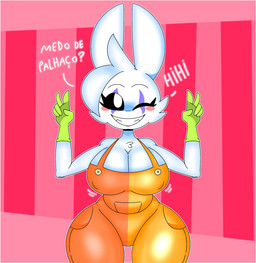 5_fingers anthro big_breasts blinking breasts clothing clown clown_costume female fingers gloves handwear huge_hips makeup overalls small_waist solo text thick_thighs white_body wide_hips lokbunny17 lok_bunny lagomorph leporid mammal rabbit hi_res portuguese_text translated