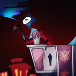 anthro balcony blue_body blue_feathers cigarette feathers male night red_sky sky smoking solo vivzmind helluva_boss instagram stolas_(helluva_boss) avian bird demon owl 1:1 official_art