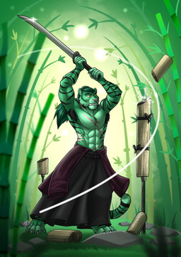 abs anthro bared_teeth black_armpit_hair black_bottomwear black_clothing bottomwear chest_tuft clothed clothing front_view fur green_body green_fur green_hair hair holding_melee_weapon holding_object holding_sword holding_weapon long_hair male male_anthro markings melee_weapon muscular muscular_anthro muscular_male pecs pink_nose solo standing striped_arms striped_markings striped_tail stripes sword tail tail_markings teeth topless tuft weapon yellow_eyes hufnaar felid mammal pantherine tiger absurd_res full-length_portrait hi_res portrait