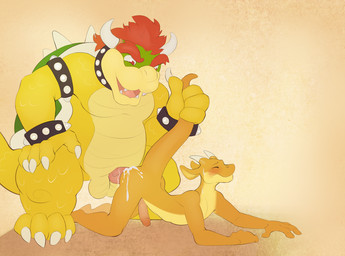 4_fingers 4_toes all_fours anthro ass_up bald balls barefoot big_balls big_penis blush bodily_fluids bracelet butt claws collar countershading cum cum_in_ass cum_inside cum_on_butt cum_on_penis dominant duo erection eyes_closed feet fingers fist foreskin from_behind_position frown genital_fluids genitals grasp green_body green_skin hair happy horn humanoid_genitalia humanoid_penis interspecies jewelry kneeling larger_dom looking_down male male/male muscular nude on_ground open_mouth orange_body orange_skin overweight pecs penis pink_body pink_penis pink_skin raised_arm raised_tail red_hair retracted_foreskin scales sex shadow sharp_teeth shell short_hair simple_background size_difference slightly_chubby smile spiked_shell spikes spikes_(anatomy) standing studded_armlet studded_bracelet studded_collar studded_jewelry studs tail tail_grab tan_background tan_body tan_skin teeth toe_claws toes tongue vein ventral_scales yellow_body yellow_countershading yellow_scales yellow_skin harlem mario_bros nintendo bowser chibitakumi hybrid koopa lizard reptile scalie